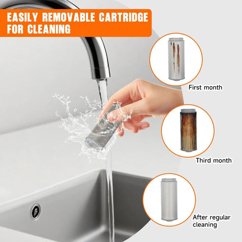 40 Micron Brass Sediment Filter For Washing Machines, Showers, Gardens And Well Water, Reusable Water Filter being cleaned under tap.