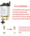 Marine Outboard Fuel Filter Water Separator Replacement With Three Eighths Barb And One Quarter Inch NPT Fittings For S3213 And OEM Numbers displayed with instructions and fittings
