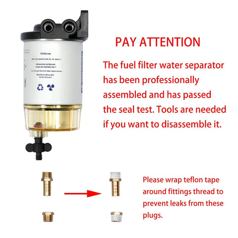 Marine Outboard Fuel Filter Water Separator Replacement With Three Eighths Barb And One Quarter Inch NPT Fittings For S3213 And OEM Numbers displayed with instructions and fittings