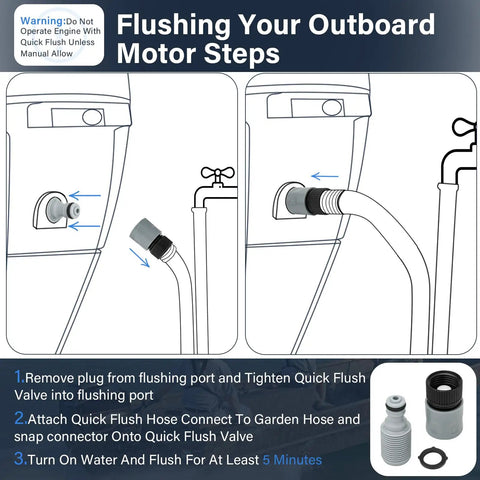 Outboard Quick Connect Flush Kit For Mercury, Mariner, Yamaha And Suzuki Engines With Built In Check Valve And Hose Adapter For Easy One Step Flushing Compatible With Standard Five Eighth Inch ID Garden Hoses With Slide Valve And O Ring Seal