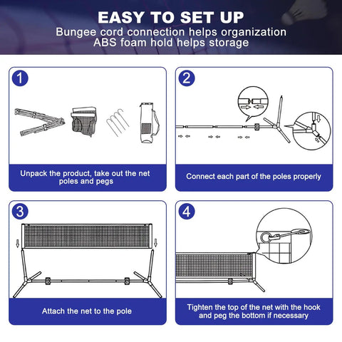 Setup instructions for Super Tough All In One Adjustable Badminton Net Up To Five Point One Feet Tall Ideal For Kids Volleyball And Pickleball Quick Setup Portable Sports Net With Bag For Tennis Pool Backyard Games And Indoor Play Ten Feet Long In Blue