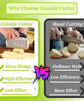 Large crinkle cutter with handle and wavy stainless steel blade for slicing potatoes into crinkle fries.