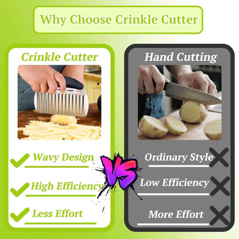 Large crinkle cutter with handle and wavy stainless steel blade for slicing potatoes into crinkle fries.