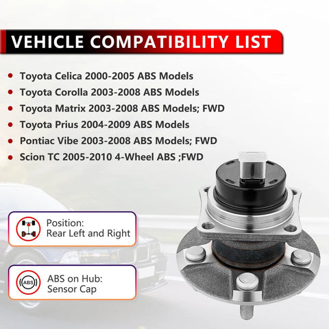 Pair Rear Wheel Hub Bearing Assembly For Toyota Corolla 2003 2008 Prius 2004 2009 Matrix 2003 2008 FWD With ABS Cap