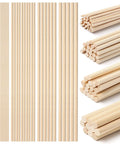 Premium Natural Wooden Dowel Rod Set Includes 80 Assorted Craft Sticks In Multiple Sizes, showing assorted lengths and diameters.
