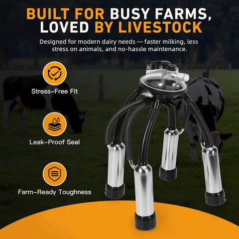 Pro Grade Cow Milking Cluster With 4 Teat Cups 240cc Milk Claw on a farm, showcasing teat cups and durability features.