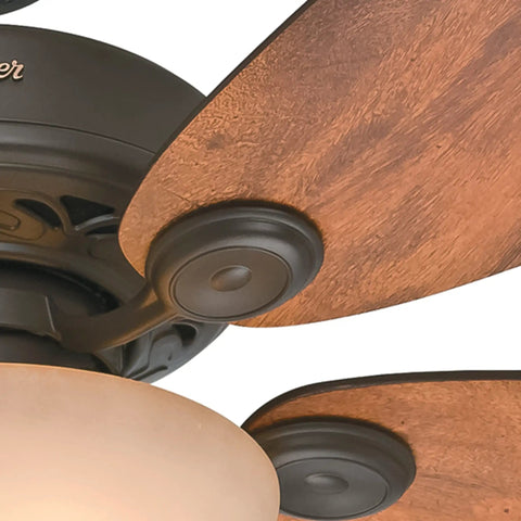 Close-up of Watson Indoor Ceiling Fan With LED Light And Easy Pull Chain Control in Bronze Finish, showcasing wooden blades.