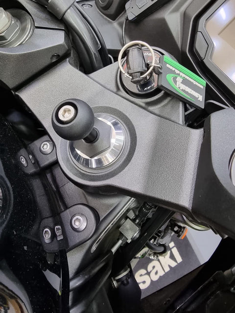 Moto Mount Ninja 12mm Hex Fork Stem Base With 1 Inch TPU Ball Adapter installed on motorcycle