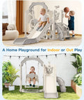 Toddler Indoor Outdoor Seven In One Playset With Climber Swing Set And Basketball Hoop For Kids Ages 1 Plus, displayed indoors and outdoors.