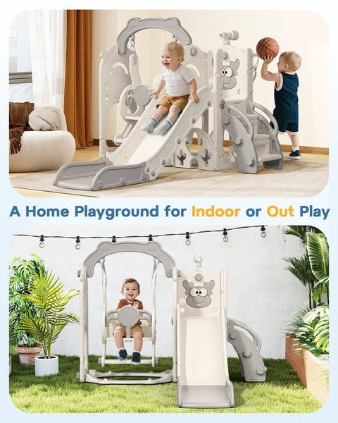Toddler Indoor Outdoor Seven In One Playset With Climber Swing Set And Basketball Hoop For Kids Ages 1 Plus, displayed indoors and outdoors.