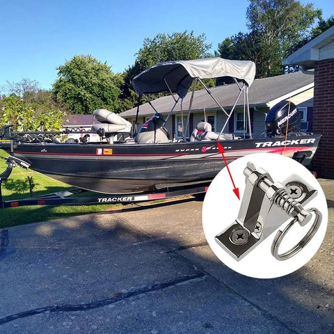 4 Pack Bimini Top Deck Hinge With Pin And Ring 316 Stainless Steel on boat, highlighted with inset showing detail view