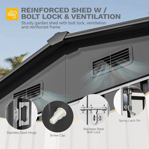 Top view of 10 By 8 Ft Outdoor Storage Shed With Lockable Doors And Ventilation, showing ventilation features and bolt lock detail.