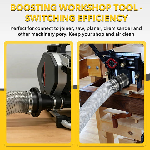 Magnetic dust-collection fittings for 4" and 2.5" hoses; dual-view quick-connect hose adapters for woodworking tools