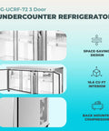72 Inch 3 Door Undercounter Commercial Refrigerator Packing 16 6 Cubic Feet Of Cooling Space with stainless steel design and three doors for easy access.