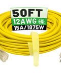 Outdoor Extension Cord 50 Ft 12/3 Waterproof Heavy Duty with Lighted End LED Indicator, 12 Gauge 3 Prong, Yellow ETL Listed