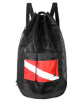 Extra Large Mesh Dive Bag For Scuba Gear And Snorkeling with red and white design, oversized duffle bag with PVC mesh for beach travel.