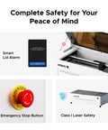 Complete safety features of Top Tier 50W CO2 RF Laser Engraver And Cutter for desktop use including lid alarm and emergency stop.