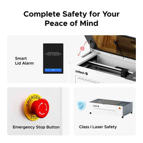 Complete safety features of Top Tier 50W CO2 RF Laser Engraver And Cutter for desktop use including lid alarm and emergency stop.