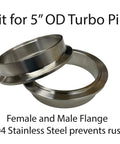 Five Inch 304 Stainless Steel Turbo Flange Kit With V Band Clamp And Male And Female Flanges For Intercooler, Turbocharger, Intake, And Exhaust