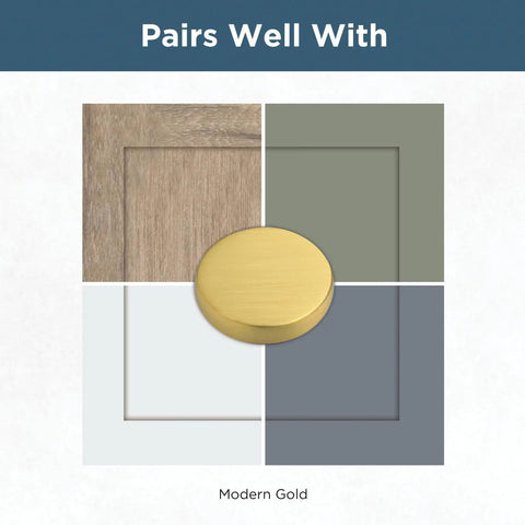 10 Pack Modern Gold Cabinet Knobs 1-1/2 Inch shown against wood and neutral color palette for cupboard and furniture matching