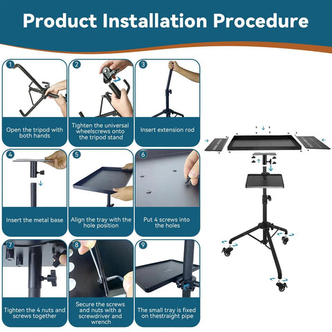 Installation process of Rolling Tool Cart With Adjustable Height Work Table On Wheels, showcasing setup steps and assembly details.