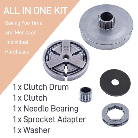 5 Piece Clutch Drum Kit With Needle Bearing, Sprocket Adapter And Washer For Chainsaw 4500 5200 5800 45cc 52cc 58cc