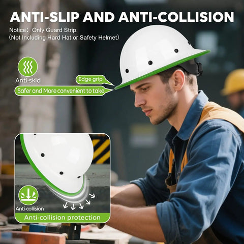 Full Brim Guard For Hard Hats, Rubber Protective Strip With Internal Metal Clip Reinforcement, shown on hard hat worn by worker