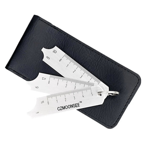 Stainless Steel 3 Piece Weld Gauge Set For Welding Inspection And Plug Gauge Key Set shown with laser engraved readouts in leather case.