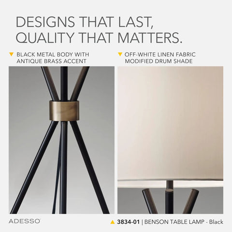 Close-up of black tripod base with antique brass accent and linen drum shade of Benson Tripod Floor Lamp, 60 Inch Tall.