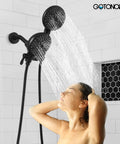 Person enjoying water flow from 2 In 1 Dual Shower Head And Handheld Faucet Set With Tub Spout Wall Mount Trim Kit, Matte Black.