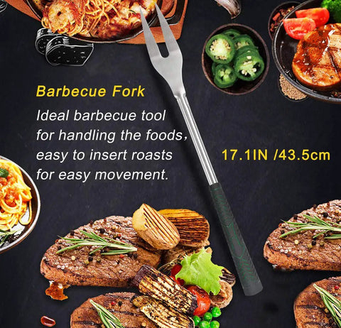 Golf Club Style BBQ Tool Set 7 Piece With Rubber Handles Stainless Steel Grilling Utensils Kit barbecue fork detail.