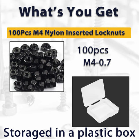 100 Pcs M4 Nylon Inserted Hex Lock Nuts Self Locking M4x0.7mm 7mm Hex Carbon Steel Bulk Box Pack shown with storage box