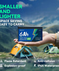Person holding 24V LiFePO4 Battery Pack 6Ah with 29.4V 1A Charger near tents; suitable for outdoor and emergency use.