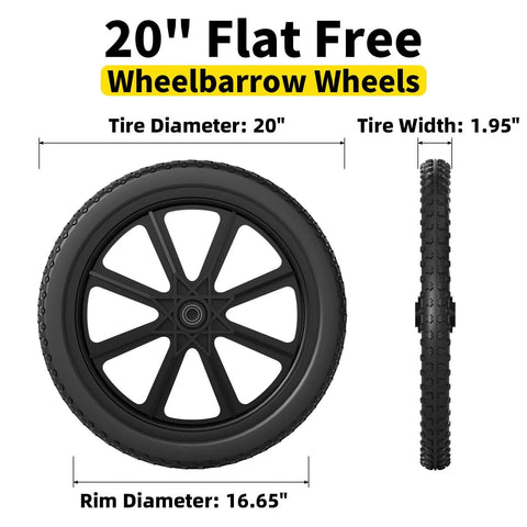 20 Inch Flat Free Wheelbarrow Wheels 2 Pack With Preinstalled Five Eighth Inch Bearings And Three Quarter Inch Adapters Replacement Cart Tires