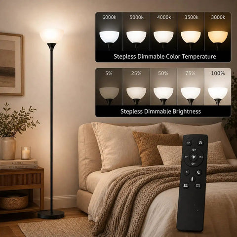 Remote Control Torchiere Floor Lamp With Stepless Dimming And Color Temperature, 9W LED Bulb Included, Up To 49 Ft Range, No Fuss Remote, Easy Setup For Bedroom Or Living Room, Matte Black