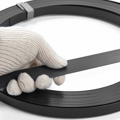 Heavy Duty Steel Strapping Coil 3 4 Inch By 02 Inch By 1640 Ft Metal Banding Roll with a hand holding the strap.