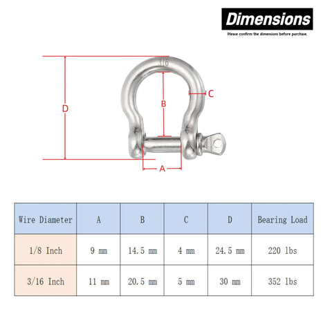No Sweat Marine Ready 316 Stainless Steel Screw Pin Bow Shackles, 3/16 Inch dimensions and specifications for 352 Lb working load.