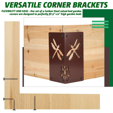 Hella Sturdy 4 Pack 8 Inch Corner Brackets For Raised Garden Bed With Wood Planter Box showcasing dragonfly cutouts on metal braces.