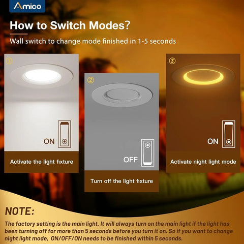 Amico 24 Pack 6 inch 5CCT LED Recessed Lighting with Night Light mode switch instructions showing activation steps.