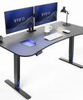 Vivo Black Sit Stand Desk Electric Height Adjustable 63 Inch Wide Ergonomic Workstation with dual monitors and keyboard.