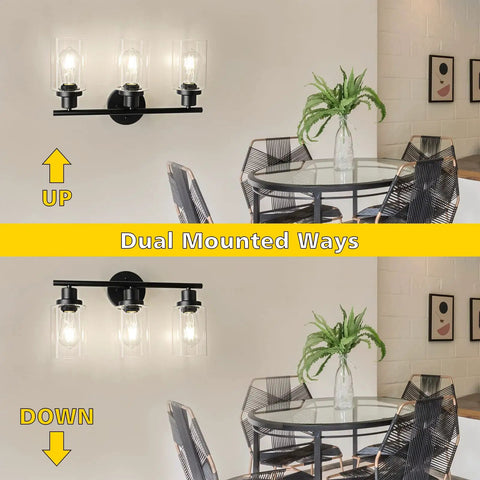 3 Light Vanity Fixture With Glass Shade Over Mirror 4000K Black Vanity Light Bulbs Included Wall Mount dual mounted