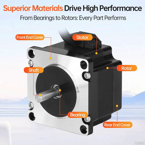 Front view of NEMA 23 bipolar stepper motor diagram; silver faceplate, black housing, protruding shaft.