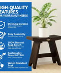 18 Inch Waterproof Teak Wood Shower Bench Stool Seat For Inside Shower with plant, features listed beside.