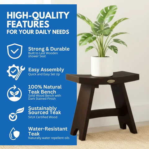 18 Inch Waterproof Teak Wood Shower Bench Stool Seat For Inside Shower with plant, features listed beside.