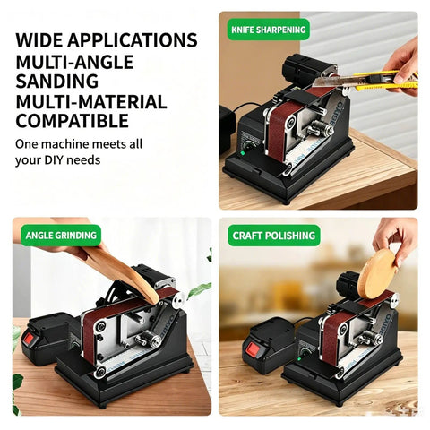 Super Slick Mini Belt Sander Workhorse With Polishing And Carving Accessory Kit For Wood Metal And Plastic Fast 7000 Rpm High Power Electric Grinder Tool, showing knife sharpening and craft polishing.