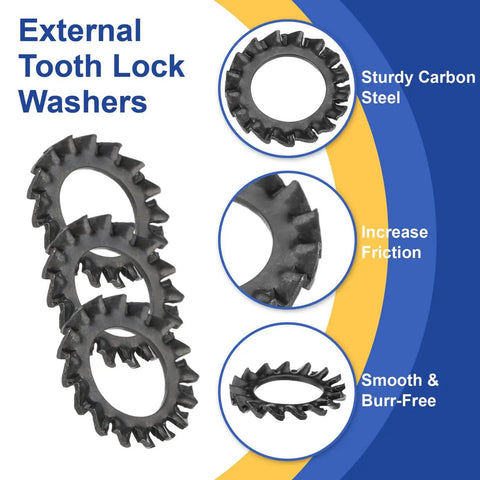 Image of External Tooth Lock Washers M4 Serrated Locking Washers, Carbon Steel Heavy Duty Fasteners Pack Of 100 with close-up details.