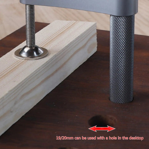 Goat Grade Bench Clamps Set For Woodworking Crews adjustable clamp mounted on wood, showing 19/20mm hole compatibility.