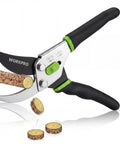 Bypass Pruning Shears 8.5 Inch With Non Slip Grip Handle trimming a branch, showing high carbon steel blade in use.