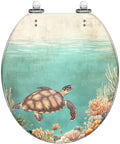 Round Resin Toilet Seat for Bathroom featuring a turtle swimming over coral, 14.5" x 16.5" design.