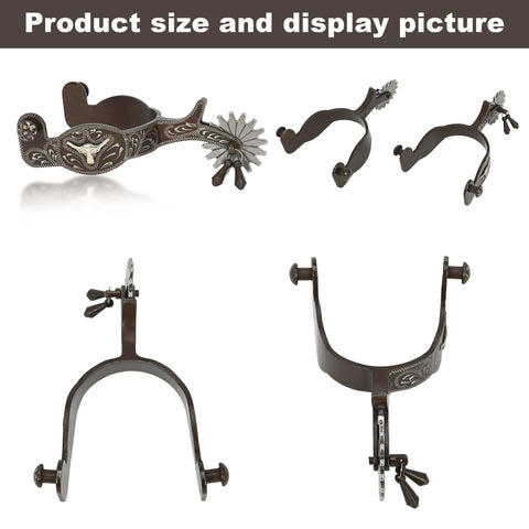 Western Antique Spurs For Horse Riding Hand Engraved Low Carbon Steel Spurs With Brass Inlays 75 To 78mm Adjustable Gear Design